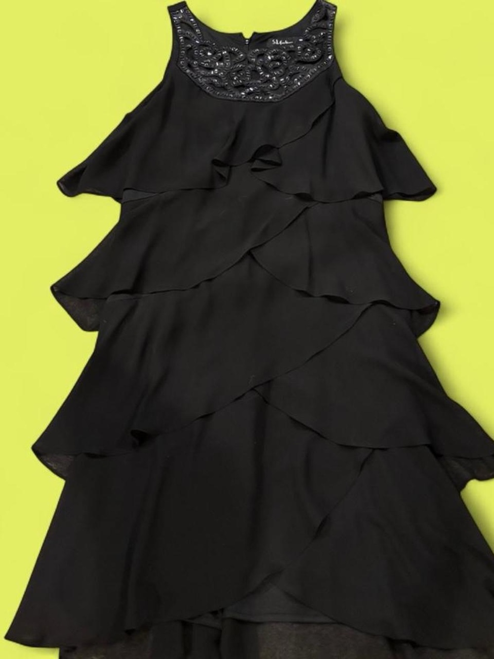S.L. Fashions Black Tiered Ruffle Mini Dress with Beaded Yoke